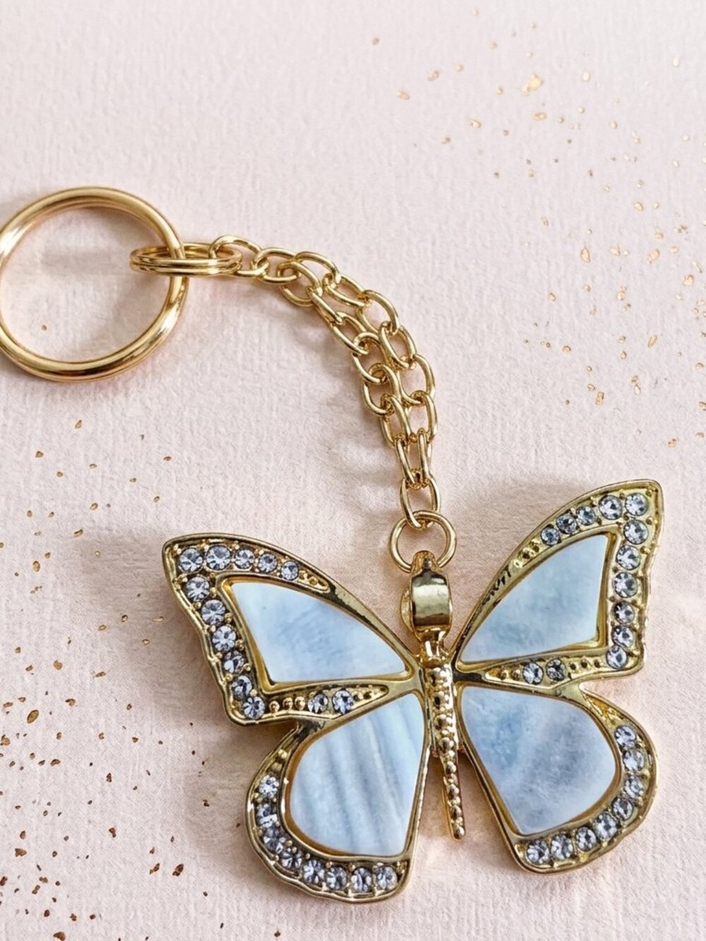 White & Gold Rhinestone Butterfly Keychain Iridescent Charm
